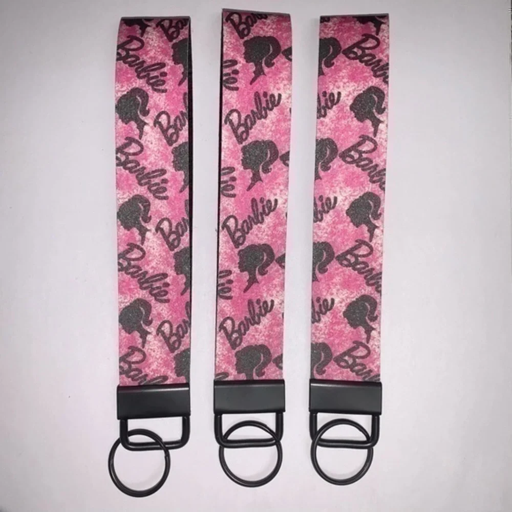 Barbie sparkle black/pink faux leather wristlet keychain new